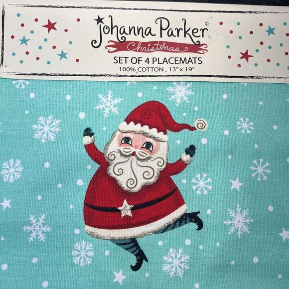 Johanna Parker Mint Green Santa Claus Christmas Cotton PLACEMATS Set of 4 New - Picture 2 of 10